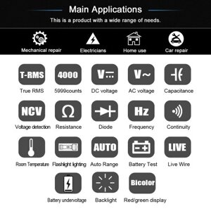 Тип ручки Цифровой мультиметр Портативный тестер Вольтметр 1,9-дюймовый двухцветный экран TRMS Напряжение Емкость Сопротивление Частота Диод Непрерывность Температура Измерение NCV Многофункциональный мультиметр