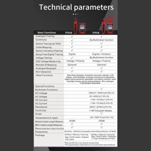 TOOLTOP ET616 Ручной портативный кабельный тестер с ЖК-дисплеем Аналоги Цифровой поиск POE Test Чувствительность сопряжения кабелей Регулируемая длина сетевого кабеля Измерение короткого замыкания Трекеры