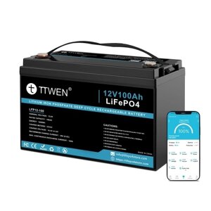 TTWEN 12 В, 100 Ач, литиевый аккумулятор LiFePO4, резервный источник питания, с функцией Bluetooth, мощность 1280 Втч, глубокий цикл 4000+встроенный BMS 100 А, поддерживает последовательное / параллельное