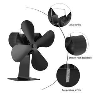 Вентилятор для камина Вентилятор для плиты с тепловым приводом Черный 4 лопасти Тихий вентилятор для камина Эффективное распределение тепла Вентилятор для плиты