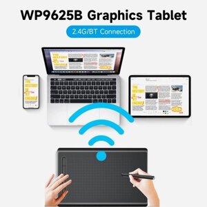 WP9625B Графический планшет Планшет для рисования 8192 уровней Чувствительность к давлению Разрешение 5080LPI Скорость чтения 230PPS Соединение 2,4G/BT