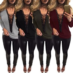 Женщины Lace Up Футболка Глубокая V-образным вырезом Hollow Out Top Long Sleeve Eyelet Casual Basic Top