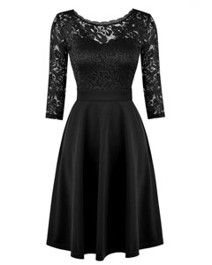 Женщины OL платье кружева 3/4 рукава высокой талии платье A-Line черный / темно-синий