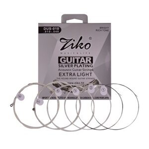 ZIKO DUS-010 Extra Light Акустические струны для народной гитары Шестигранная легированная проволока, Посеребренная, устойчивая к коррозии 6 струн